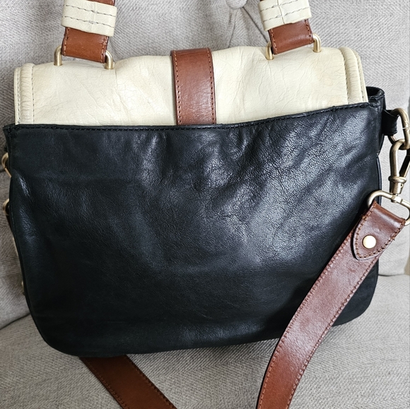 Nanette Lepore Two-tone leather bag (cream/black), tan trim, flap front satchel - Picture 10 of 15